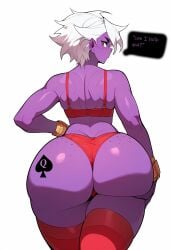 1boy ai_generated ass big_ass big_butt cigarette clothing curvaceous curvy dialogue fat_ass_femboy femboy freckles freckles_on_ass freckles_on_face freckles_on_thighs gay girly hand_on_ass hand_on_butt huge_ass huge_butt looking_back male male_only nai_diffusion oc panties purple_skin queen_of_spades queen_of_spades_symbol red_eyes red_panties smoking stable_diffusion talking talking_to_another tattoo tattoo_on_ass tattoo_on_butt text text_box thick thick_thighs tight_clothes tight_clothing voluptuous white_hair whoram wide_hips