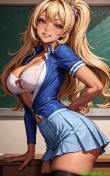 1girls ai_generated big_breasts blonde_female blonde_hair blonde_hair_female breasts classroom cleavage female female_focus female_only gyaru hi_res kogal looking_at_viewer miniskirt original school school_uniform schoolgirl self_upload smile smiling smporate_ai solo_female solo_focus stable_diffusion tan tan-skinned_female tanned_skin thick thick_thighs thighs