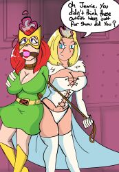 2girls ball_gag blonde_hair blue_eyes bondage breasts cleavage corset curvy emma_frost female female_only hellfire_club jean_grey large_breasts leash leash_and_collar marvel marvel_comics marvel_girl mind_control minidress panties phantom--x red_hair white_queen x-men