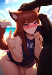 1boy 1futa ai_generated bottomless brown_hair dark-skinned_male futa_focus futanari holo interracial large_penis light-skinned_futanari light_skin male middle_finger spice_and_wolf violet_eyes wolf_girl zindabad