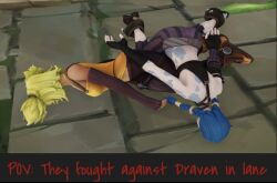 2girls artist_request blue_hair defeat defeated defeated_heroine draven face_down green_hair jinx_(league_of_legends) league_of_legends league_of_legends:_wild_rift mmd multiple_girls skinny skinny_girl sleeping unconscious zeri_(league_of_legends)