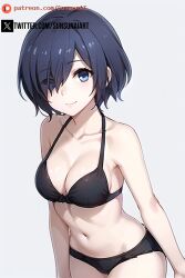 1girls ai_generated blue_eyes blue_hair bra hair_over_one_eye kirishima_touka looking_at_viewer medium_breasts pale-skinned_female pale_skin panties sunsunai tokyo_ghoul