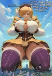 2girls ai_generated akemi_homura bursting_breasts cameltoe city dspaceous english_text giantess growing growth huge_breasts kneeling mahou_shoujo_madoka_magica mocking puella_magi_madoka_magica shorter_female size_difference taller_female tomoe_mami