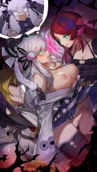 1boy 2girls big_breasts blonde_hair blue_eyes breasts dhampir eye_contact fangs female glowing_eyes hypnosis nipples red_hair ro_g_(oowack) vampire vampire_fascinator vampire_girl white_hair yu-gi-oh! yuki-onna yuki-onna_the_ice_mayakashi yuki_onna zombie