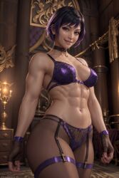 1girls ai_generated athletic_female black_and_purple_hair covering_breasts female_abs fit_female lingerie namco pantyhose reina_mishima santarvengar stable_diffusion tagme tekken tekken_8