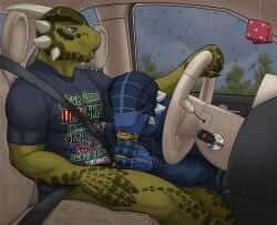 2boys anthro argonian bethesda_softworks big_penis blue_body blue_eyes blue_scales bodily_fluids car clothed clothing digital_media_(artwork) driving duo english_text erection fellatio foreskin gay genital_fluids genitals hi_res holding_penis horn humanoid_genitalia humanoid_penis inside_car male male/male male_only muscular muscular_anthro muscular_male open_mouth oral penile penis raining reptile saliva scales scalie sex sex_in_car sex_while_driving shen_(archshen) sitting spikes tall_lizzard_(artist) text the_elder_scrolls thick_penis tongue topwear tristen vehicle