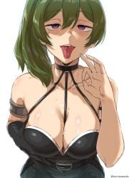 1girls ahe_gao aroused big_breasts blowjob_face breasts excited fellatio_gesture grabbing_own_breast green_hair holding_own_breast inviting_to_sex large_breasts light-skinned_female micchan_(micchanmeido) purple_eyes saliva_on_breasts saliva_on_tongue seductive seductive_look seductive_mouth seductive_pose side_ponytail slim_waist sousou_no_frieren suggestive tongue_out ubel_(sousou_no_frieren)