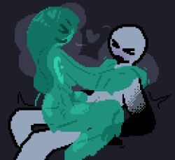 artist_request blush bodily_fluids breath closed_eyes cowgirl_position cum cum_in_goo cum_in_pussy cum_inside dripping duo ejaculation female from_front_position genital_fluids goo_creature goo_humanoid green_body green_skin hair hair_over_eye heart human humanoid journalfry male male/female mammal on_bottom on_top one_eye_obstructed open_mouth orgasm sex slime smile translucent translucent_body ummi_(journalfry)