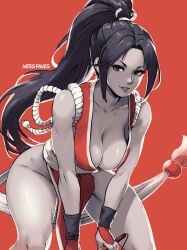 bare_shoulders bracer breasts cleavage collarbone commentary english_commentary fatal_fury female folded_fan folding_fan hand_fan high_ponytail highres holding holding_fan japanese_clothes king_of_fighters large_breasts leaning_forward lips long_hair looking_at_viewer mai_shiranui missfaves ninja parted_bangs parted_lips pelvic_curtain ponytail red_background red_theme revealing_clothes smile solo thighs