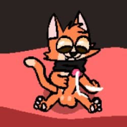 animated anthro balls bodily_fluids brown_pupils cum cumshot domestic_cat ejaculation felid feline felis foreskin fur genital_fluids genitals low_res male male_only mammal orange_body orange_fur paws penis pupils scarf solo thumbnail tinky tinky_(character)