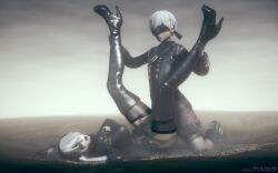 1boy 1girls 3d big_breasts blindfold breasts city clothing female femboy giant_couple giant_femboy giantess hairband honey_select junejukes light-skinned_female light-skinned_male light_skin macro male nier nier:_automata sex short_hair thighhighs trap white_hair yorha_2b yorha_9s