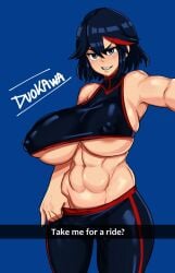 1girls abs areolae big_breasts black_hair blue_background blue_eyes breasts covered_nipples duo_kawa english english_commentary english_text female_only grin huge_ass kill_la_kill large_ass light-skinned_female light_skin looking_at_viewer matoi_ryuuko muscles muscular muscular_female nipples red_hair seductive seductive_eyes seductive_look seductive_smile short_hair simple_background smug smug_expression smug_face smug_grin smug_smile solo solo_female solo_focus sports_bra sportswear tomboy toned toned_body toned_female toned_stomach two_tone_hair underboob