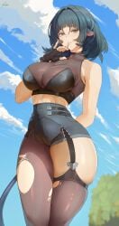 1girls araneesama black_hair breasts female female_only green_eyes hi_res hips hoyoverse huge_breasts jane_doe_(zenless_zone_zero) light-skinned_female light_skin long_hair looking_at_viewer naughty_face rat_ears rat_girl thick_thighs thighs wide_hips zenless_zone_zero