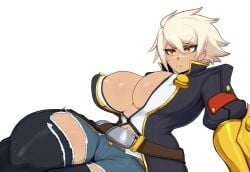 1female 1girl 2024 2d 2d_(artwork) ai_generated angry angry_expression angry_face angry_female angry_sex areola_slip big_breasts big_thighs blazblue boob_window bullet_(blazblue) busty busty_female dark-skinned_female dark_skin female_only frown huge_breasts large_breasts mullon novelai open_shirt plain_background short_shorts shorts solo solo_female tomboy video_game_character white_background white_hair yellow_eyes