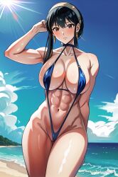 1girls abs ai_generated bare_arms bare_legs bare_shoulders bare_thighs beach big_breasts black_hair blush color female female_focus female_only hi_res jewelry large_breasts light-skinned_female light_skin long_hair looking_at_viewer muscles muscular muscular_female red_hair sand sea senotakai_ai solo solo_female spy_x_family tagme thick_thighs water yor_briar yor_forger