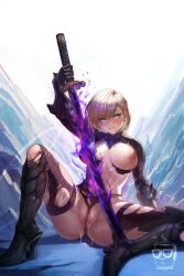 absurdres armor armored_boots blonde_hair blue_eyes blush boots breasts commission english_commentary female full_body gauntlets glowing glowing_weapon hair_between_eyes high_heel_boots high_heels highres holding holding_sword holding_weapon huge_weapon katana large_breasts looking_at_viewer nude original parted_bangs pussy pussy_juice short_hair sikeseeing18 sitting solo spread_legs sweat sword thighhighs torn_clothes uncensor_request weapon