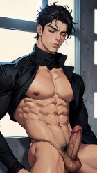 1boy ai_generated black_hair black_turtleneck erection jojo's_bizarre_adventure jotaro_kujo male male_only penis solo turtleneck veiny_penis