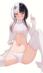 1girls belly_button black_hair blush detached_sleeves eyebrows_visible_through_hair female female_only hair_ornament hololive hololive_english hololive_english_-advent- licking_lips light-skinned_female light_skin meme_attire naechiee panties shiori_novella simple_background sweater two_tone_hair virgin_destroyer_sweater virtual_youtuber white_background white_hair white_panties yellow_eyes