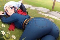 ai_generated akari_(pokemon) big_ass black_hair blue_jacket blue_jeans blush busty creatures_(company) curvy denim_jeans female female female_only field flowers game_freak grass headwear hi_res highres jacket jeans lying lying_down lying_on_grass nintendo outdoors pokemon pokemon_(game) pokemon_legends:_arceus pokemon_trainer red_scarf seraphim_ai smile solo stable_diffusion tight_jeans