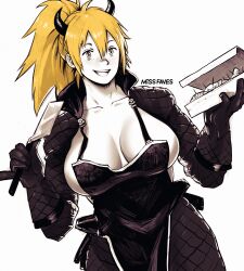 artist_name black_dress black_gloves black_jacket blonde_hair box breasts cleavage commentary dorohedoro dress female gloves highres holding holding_box holding_knife horns jacket knife large_breasts medium_hair missfaves nikaido open_mouth ponytail simple_background smile solo standing teeth twitter_username upper_teeth_only white_background yellow_eyes