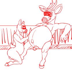 belly big_belly clothing deer drone duo genitals hand_on_stomach headgear headwear hooves likasomboody male mammal navel pecs penis text text_on_clothing text_on_headwear vore