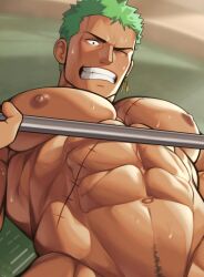 1boy abs bara bara_tiddies bara_tits big_pecs busty clenched_teeth earrings green_hair human human_only lifting male male_boobs male_breasts male_chest male_focus male_only manboobs moobs muscles muscular muscular_male naked nipples nude nude_male one_eye_closed one_piece pecs pectorals pubic_hair roronoa_zoro ruisselait scar scar_on_stomach six_pack solo solo_focus solo_male struggling sweat sweatdrop sweating sweaty teeth teeth_clenched teeth_showing topless