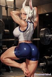 1girls ai_generated ass_focus back_view barefoot boku_no_hero_academia breasts brown_skin brown_skinned_female bunny_ears bunny_tail fit_female gym gym_clothes gym_uniform leg_raise looking_back miruko my_hero_academia red_eyes rumi_usagiyama short_shorts smiling thick_thighs tight_clothes white_hair