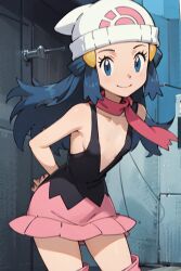 ai_generated black_shirt blue_eyes blue_hair boots breasts cleavage creatures_(company) dawn_(pokemon) female game_freak gen_4_pokemon grin inner_sideboob long_hair looking_at_viewer nintendo no_bra pink_scarf plunging_neckline pokemon pokemon_(anime) pokemon_dppt scarf shirt skirt sleeveless small_breasts smile thighs white_headwear