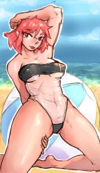 1girl 1girls armpits arms_up beach beach_ball belly belly_button big_breasts bloobie_(artist) boobs female female_only grabbing grabbing_legs grabbing_own_leg grabbing_own_thigh grabbing_thighs gris_swimsuit happy holding_leg holding_legs holding_own_leg holding_own_thigh holding_thigh nipples nipples_visible_through_clothes nipples_visible_through_clothing nipples_visible_through_swimsuit no_text oc original original_character pose posing red_eyes red_hair sea seaside solo swimsuit swimsuit_only thick_legs thick_thighs tongue tongue_out white_body white_skin wholesome woman