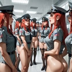 9girls ai_generated allison_eckhart cap clone clones earrings long_hair milf multiple_girls naked officer only_girl red_hair scp_foundation white_body