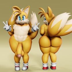 1boy :3 big_ass big_balls big_penis blue_eyes femboy furry furry_ass furry_femboy furry_male furry_only huge_cock male_only muscular naked_with_shoes_on peace_sign sonic_(series) tagme tails vulkyasha white_gloves