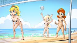 3girls alternate_version_available aqua_bikini_bottom barefoot beach bikini_bottom blonde_hair blue_eyes breasts brown_hair commission crown female female_only hair_over_one_eye lipstick long_hair mario_(series) multiple_girls mysticalpha navel nintendo orange_bikini_bottom pink_bikini_bottom ponytail princess_daisy princess_peach princess_rosalina string_bikini string_bikini_bottom tagme taped_nipples volleyball