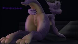 anthro bedroom_setting cloaca female female_focus female_only hereticalkobold kobold nude nude_female presenting presenting_pussy purple_body purple_skin raised_tail to