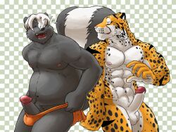 abs anthro balls belly biceps checkered_background cheetah clothing duo embarrassed erection felid feline genitals grin grisser hair hair_over_eyes male male/male mammal manly mephitid muscular navel nipples nude orange_clothing orange_speedo orange_swimwear overweight overweight_male pattern_background pecs penis pulling_clothing simple_background skunk slightly_chubby smile speedo speedo_down striped_body stripes swimwear triceps