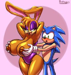 1boy 1girls 2023 animal_ears anthro archie_comics arms_behind_head arms_up big_breasts big_nipples black_nose blue_body blue_fur blue_hair blue_skin blush breasts bunnie_rabbot bunny bunny_ears bunny_girl bunny_tail clothing couple curvy curvy_body curvy_female curvy_figure duo eyelashes eyeshadow from_behind fur furry gloves grabbing_another's_breast grabbing_both_ears grabbing_breasts green_eyes groping groping_breast groping_breasts groping_from_behind hand_on_another's_breast hedgehog holding_breasts large_boobs large_breasts looking_back loose_clothes makeup male/female mammal mobian narrowed_eyes nipples open_mouth posing protagon purple_background rabbit rabbit_ears rabbit_girl rabbit_tail seductive seductive_look sega short_hair sonic_(series) sonic_satam sonic_the_hedgehog sonic_the_hedgehog_(archie) sonic_the_hedgehog_(comics) sonic_the_hedgehog_(series) spiky_hair suprised tail tan_body tan_fur tan_skin thick_thighs thighs topless two_tone_body two_tone_fur