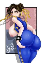 areola areolae brown_eyes brown_hair chun-li elpuer_cotote grabbing_own_ass huge_ass huge_breasts looking_at_viewer looking_back street_fighter street_fighter_v thick_ass