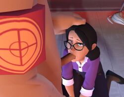 3d black_hair blowjob clothed_female_nude_male glasses hazel_eyes hi-caliber lips lipstick miss_pauling on_knees oral penis saliva sniper_(team_fortress_2) team_fortress_2