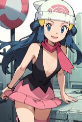 ai_generated black_shirt blue_eyes blue_hair breasts cleavage creatures_(company) dawn_(pokemon) female game_freak gen_4_pokemon inner_sideboob long_hair looking_at_viewer nintendo no_bra pink_scarf plunging_neckline pokemon pokemon_(anime) pokemon_dppt scarf shirt skirt sleeveless small_breasts smile thighs white_headwear