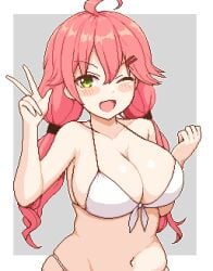 :d arms_up bikini blush cheerful clenched_fist hololive hololive_fantasy hololive_japan large_breasts one_eye_closed peace_sign pixel_art sakura_miko smile upper_body v virtual_youtuber white_bikini