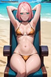 1girls ai_generated animal_print animal_print_bikini arms_behind_head arms_up artist_name beach bikini bob_cut boruto:_naruto_next_generations breasts chair choker cleavage collar curvaceous curvy curvy_body curvy_female curvy_figure facing_viewer female female_focus front_view green_eyes legs_together light-skinned_female light_skin long_hair nai_diffusion naruto naruto_(series) ocean patreon_username petite pink_hair revealing_swimsuit sakura_haruno sand seaside sitting skimpy skimpy_bikini stable_diffusion swimsuit temptart thighs tiger_print tiger_print_bikini url water watermark web_address wide_hips