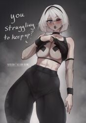 1girls aelion_draws android android_girl blue_eyes breasts dialogue english english_text female goth hair_over_one_eye large_breasts light-skinned_female light_skin makeup midriff nier nier:_automata pale-skinned_female pale_skin short_hair sweat sweaty_body text thick_thighs white_hair wide_hips yorha_2b