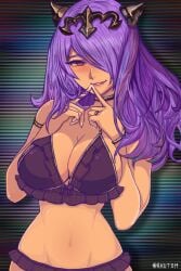 1girls akutom akutom_(etgd4378) alternate_costume bikini bracelet breasts camilla_(fire_emblem) cleavage female female female_only fire_emblem fire_emblem_fates hair_over_one_eye horn_ornament horns jewelry large_breasts long_hair looking_at_viewer navel nintendo parted_bangs purple_bikini purple_hair purple_swimsuit red_eyes smile solo striped_background swimsuit tiara twitter_username upper_body wavy_hair