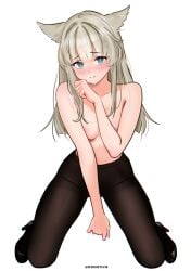 absurdres arknights arknights:_endfield black_pantyhose black_shoes blonde_hair blue_eyes blush breasts chromatic_aberration closed_mouth commentary daria_(user_hktv8452) embarrassed english_commentary female full_body highres long_hair looking_at_viewer medium_breasts mixed-language_commentary pantyhose perlica_(arknights) shoes simple_background solo topless_female twitter_username white_background yellow_pupils