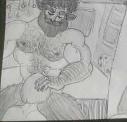 beard bearded between_legs cosy curly_hair facial_hair faun gay gay_sex george_(character) hairy hairy_arms hairy_chest hairy_male hand_on_head hunk manly morning_sex muscle muscular muscular_male oral oral_sex pencil_(artwork) satyr size_difference sketch traditional_art traditional_media traditional_media_(artwork) veiny_muscles