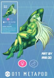 blue_background female female_focus female_only green_body iris_00 long_hair metapod nintendo pokémon_(species) pokemon solo