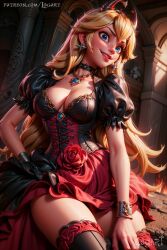 1girls absurdres ai_generated big_breasts blonde_hair blue_eyes boots breasts cartoony cleavage clothing corrupted corruption demon demon_girl demonic detailed dominant_female dominatrix evil_smile female female_only hell high_heels high_quality highres horns hourglass_figure large_breasts latex leak leaked logart long_hair looking_at_viewer mario_(series) nintendo princess_peach sadistic_girl seductive sensitive smile smiling solo stable_diffusion standing tiara