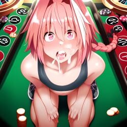 1boy a.i.ddicted after_fellatio after_oral ai_generated astolfo_(fate) casino crop_top cum_in_mouth cum_on_face excessive_cum fate/grand_order fate_(series) femboy feminine_male girly kneeling long_braid neon_lights novelai oral oral_sex pink_eyes pink_hair poker_chip poker_table pov smile sports_bra