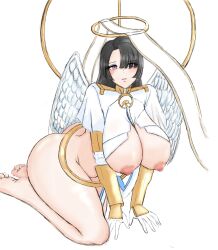 1girls areolae azazel_(last_origin) barefoot black_hair blush breasts cleavage eye_visible_through_hair feet female female_only hair_over_one_eye halo huge_breasts koppepan_(60299968) last_origin light-skinned_female light_skin nipples purple_eyes sole_female soles solo wings