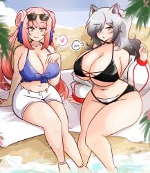 2d 2d_(artwork) 2d_artwork 2girls :d animal_ear_fluff animal_ears arknights arm_support bangle bangles bare_shoulders barefoot beach belly belly_button big_breasts big_thighs bikini bird_girl black_bikini busty cat_ears cat_girl cat_tail ceylon_(arknights) child_bearing_hips cleavage closed_mouth closed_smile curvaceous curvy cute dankestsin day dem_legs embarrassed enormous_breasts enormous_thighs feather_hair fluffy fluffy_ears giant_breasts giant_thighs gigantic_breasts gigantic_thighs grey_hair hair_covering_eye hair_over_one_eye happy hips huge_breasts huge_thighs hyper_breasts hyper_thighs inviting large_breasts large_thighs legs licking_lips light-skinned_female light_skin long_hair long_sleeves looking_at_viewer massive_breasts massive_thighs midriff naughty_face naughty_smile navel necklace palm_tree partially_submerged pearl_necklace pointing_at_breasts pointing_at_self ponytail posing schwarz_(arknights) seductive seductive_eyes seductive_gaze seductive_look seductive_mouth seductive_pose seductive_smile short_shorts shorts shy sitting slender_waist spoken_blush spoken_heart stomach sunglasses sunglasses_on_head swimsuit thick thick_legs thick_thighs thighs thunder_thighs tight_clothing tight_fit venus_body very_long_hair voluptuous voluptuous_female waist wasp_waist white_shorts wide_hips wide_thighs