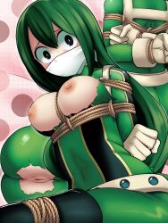 1girls bondage cloth_gag dankestofdans exposed_breasts exposed_pussy gag gagged gagged_female hero_outfit_(mha) my_hero_academia over_the_nose_gag ripped_clothing rope rope_bondage rope_harness shounen_jump spandex spandex_suit tied tied_up tsuyu_asui